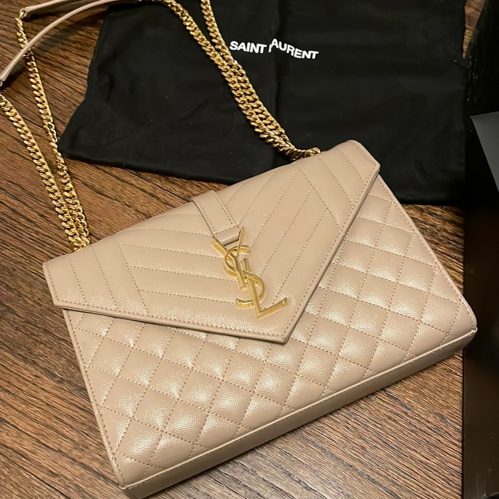 YSL Yves Saint Laurent Envelope Medium Dark Beige Full Set Like-New